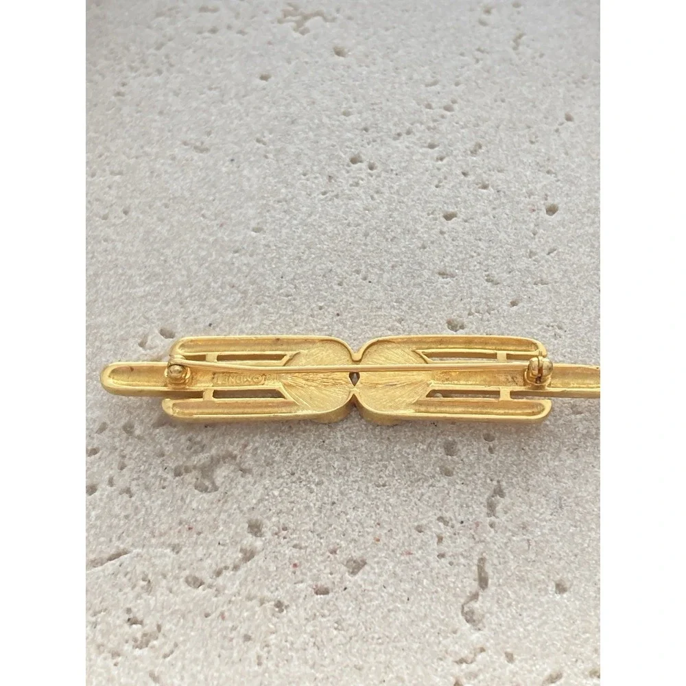 Monet Double Heart Brooch Gold‎ Tone Rhinestone Bar Pin Signed Art Deco Style